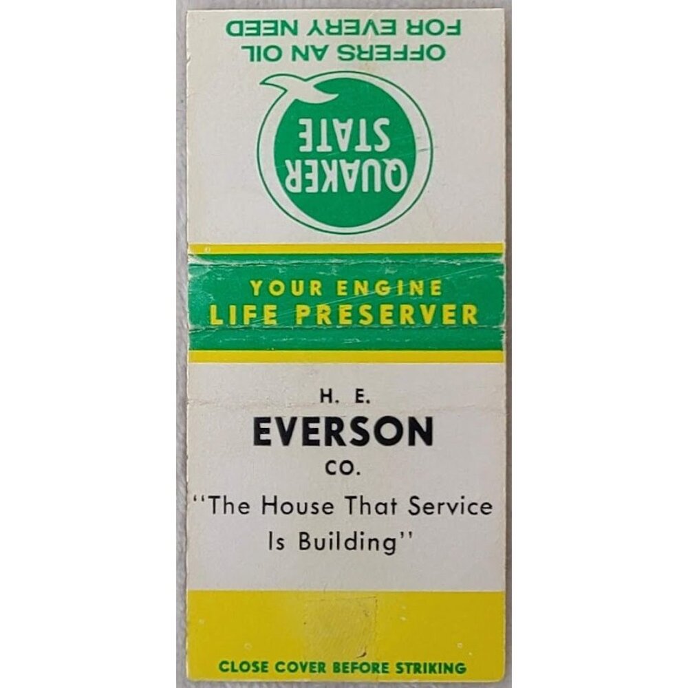 VTG Matchbook Cover H.E. Everson Co Quaker State Grafton ND North Dakota Bobtail